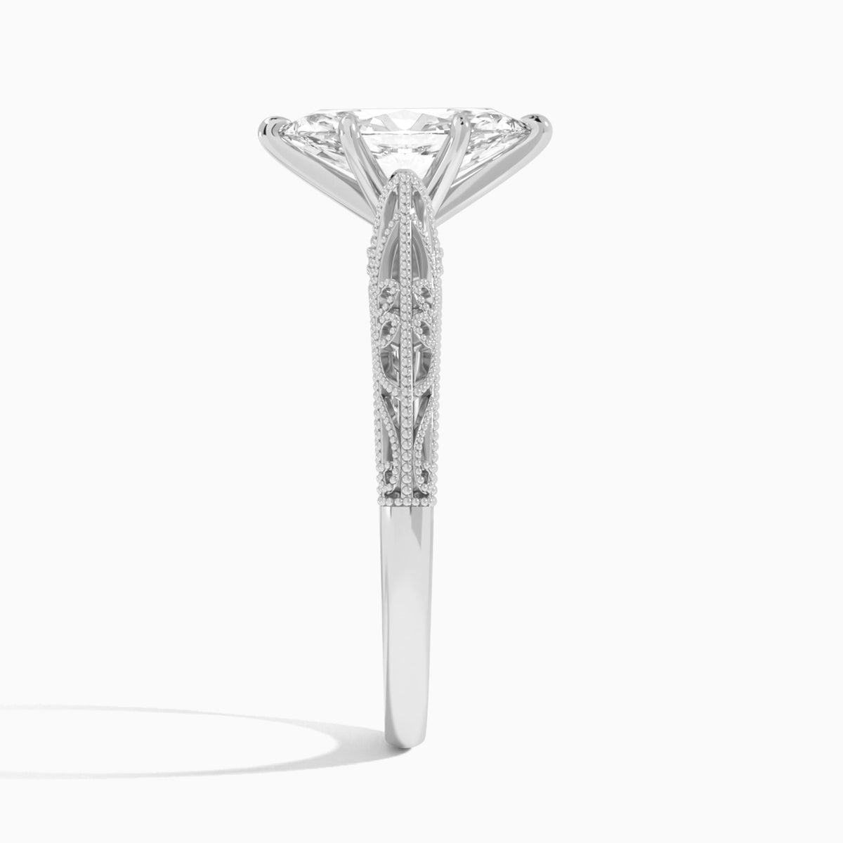 Marquise Vintage Filigree Lab Grown Diamond Engagement Ring In 14K White Gold, Side View