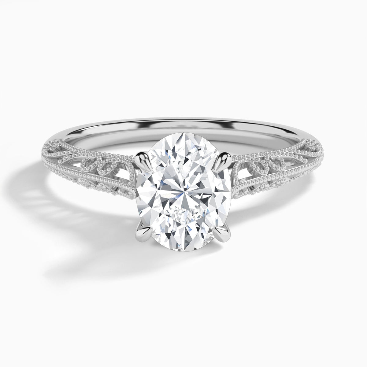 Oval Vintage Filigree Lab Grown Diamond Engagement Ring In 18K White Gold - Lucenjuri