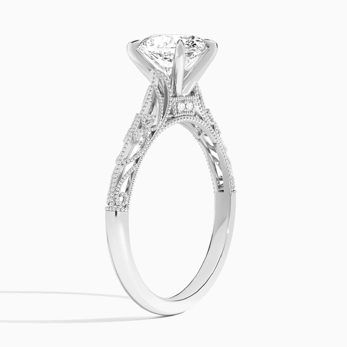 Oval Vintage Filigree Lab Grown Diamond Engagement Ring In 14K White Gold, Angle View