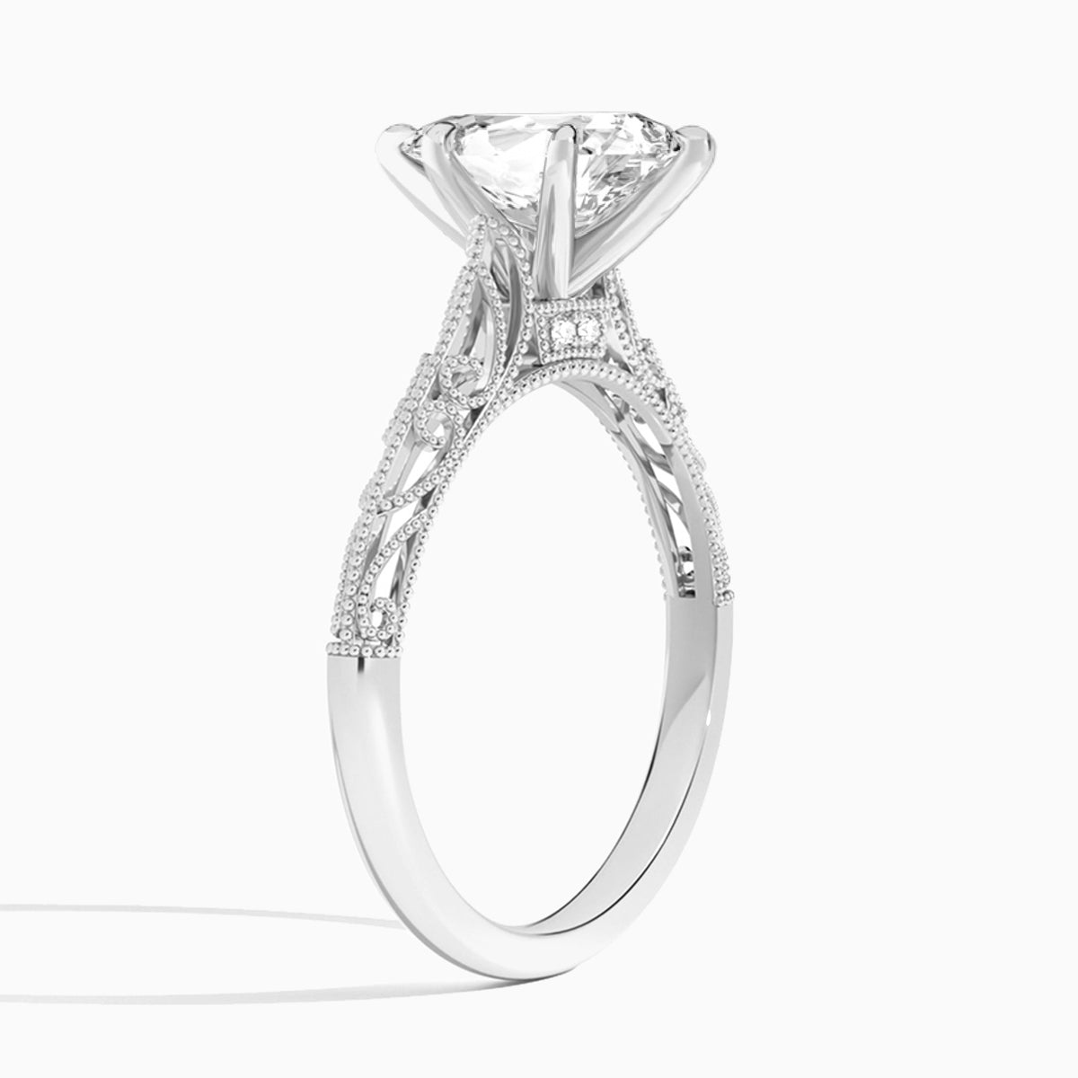 Pear Vintage Filigree Lab Grown Diamond Engagement Ring In 14K White Gold, Angle View