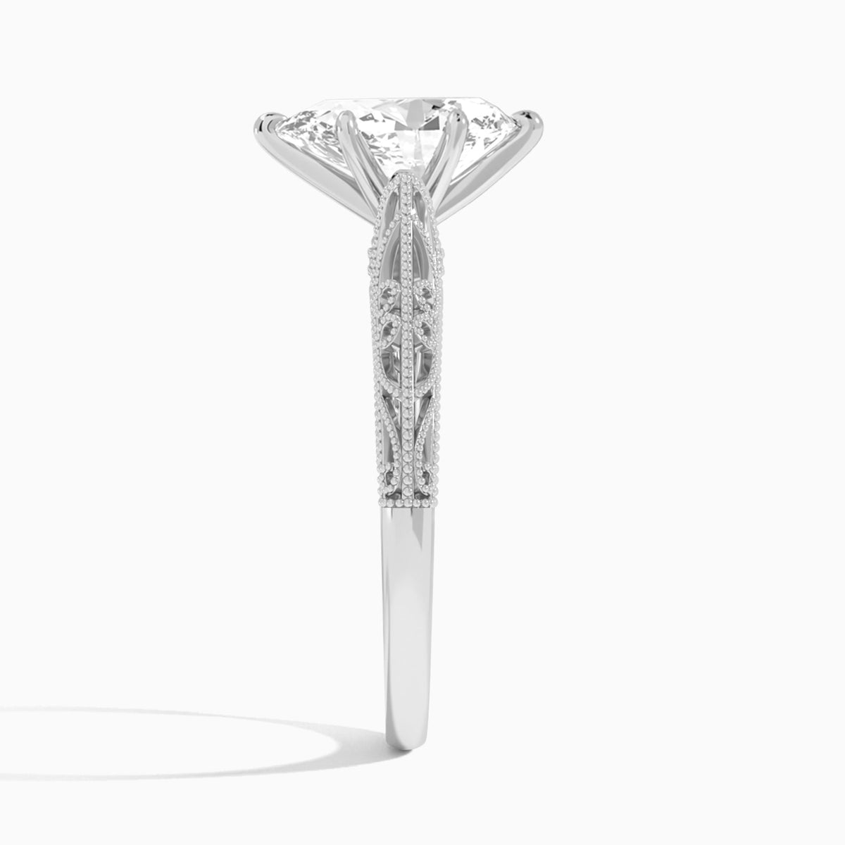 Pear Vintage Filigree Lab Grown Diamond Engagement Ring In 18K White Gold, Side View