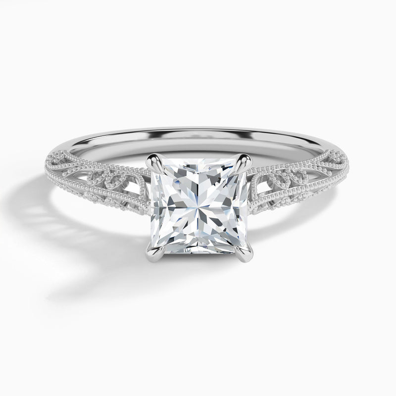 Princess Vintage Filigree Lab Grown Diamond Engagement Ring In 14K White Gold - Lucenjuri