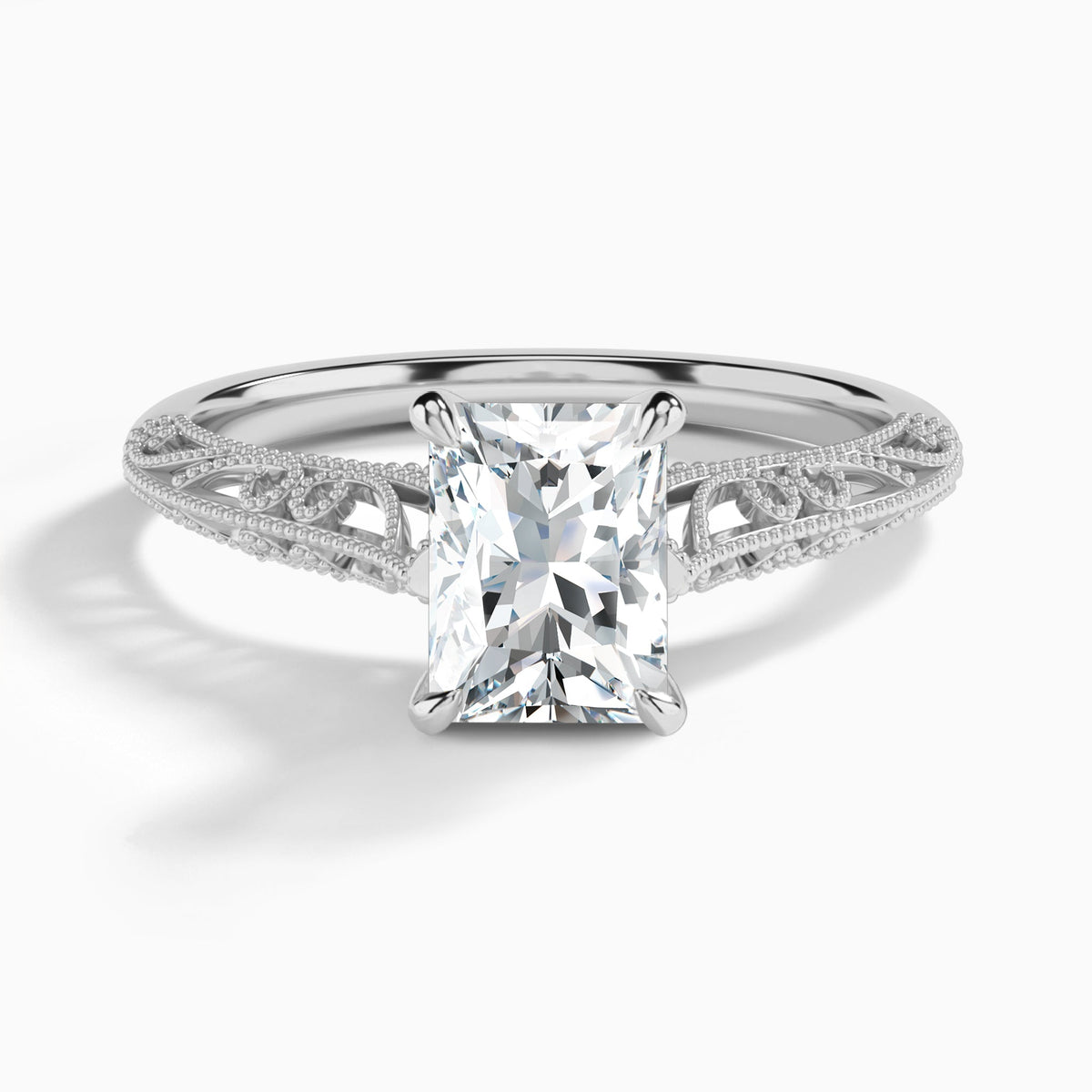 Radiant Vintage Filigree Lab Grown Diamond Engagement Ring In 14K White Gold - Lucenjuri