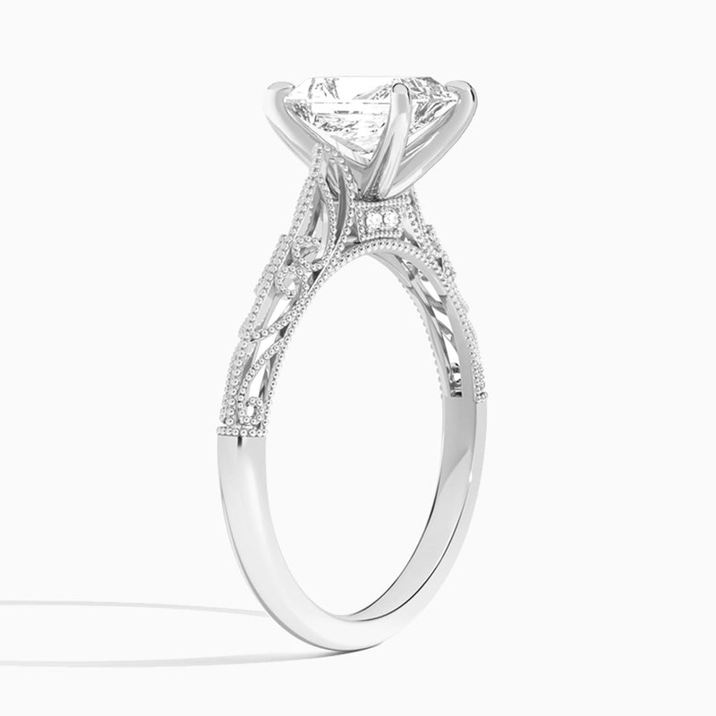 Radiant Vintage Filigree Lab Grown Diamond Engagement Ring In 18K White Gold, Angle View