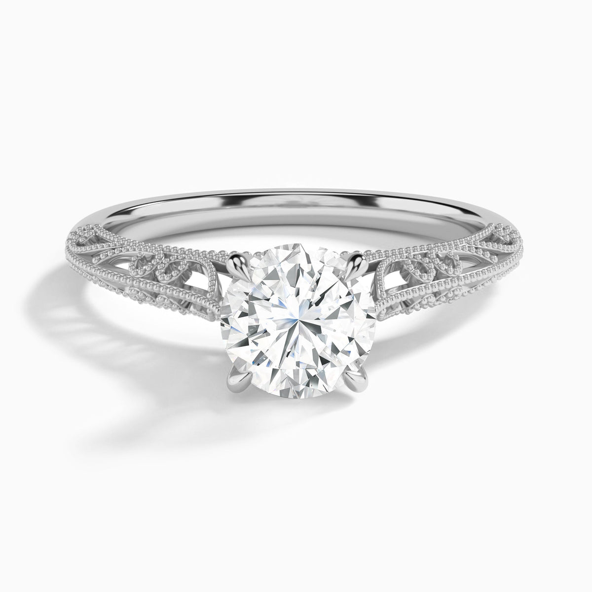 Round Vintage Filigree Lab Grown Diamond Engagement Ring In 18K White Gold - Lucenjuri