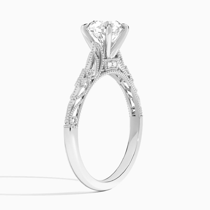 Round Vintage Filigree Lab Grown Diamond Engagement Ring In 14K White Gold, Angle View