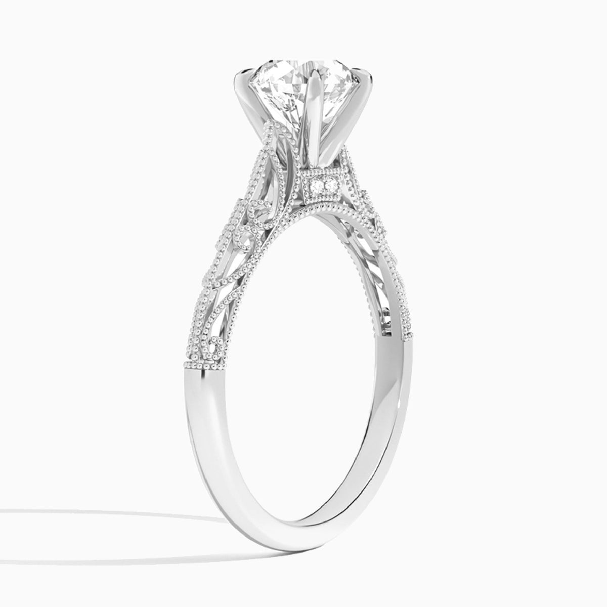 Round Vintage Filigree Lab Grown Diamond Engagement Ring In 14K White Gold, Angle View