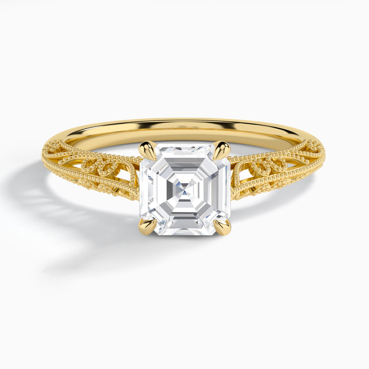 Asscher Vintage Filigree Lab Grown Diamond Engagement Ring In 14K Yellow Gold - Lucenjuri
