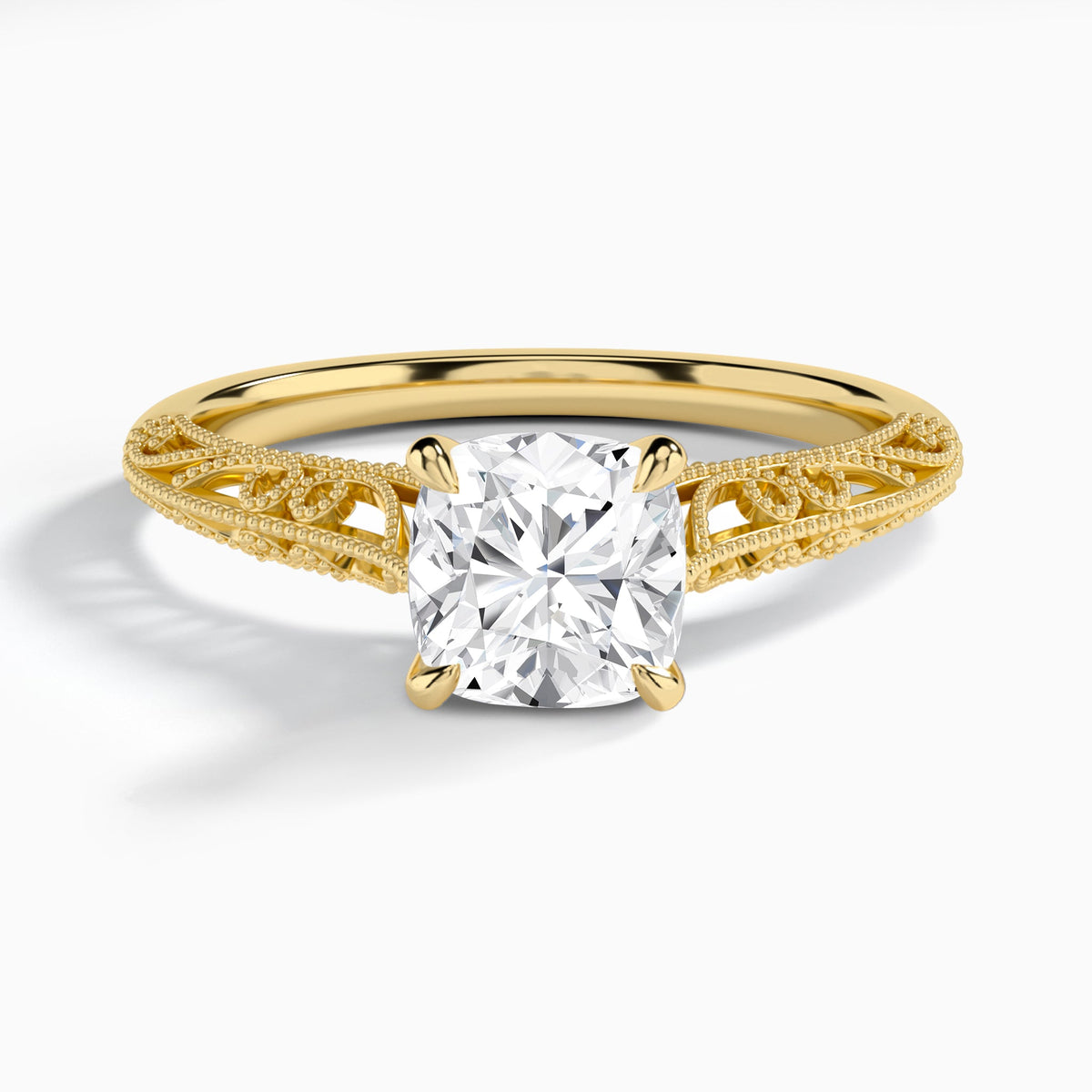 Cushion Vintage Filigree Lab Grown Diamond Engagement Ring In 14K Yellow Gold - Lucenjuri