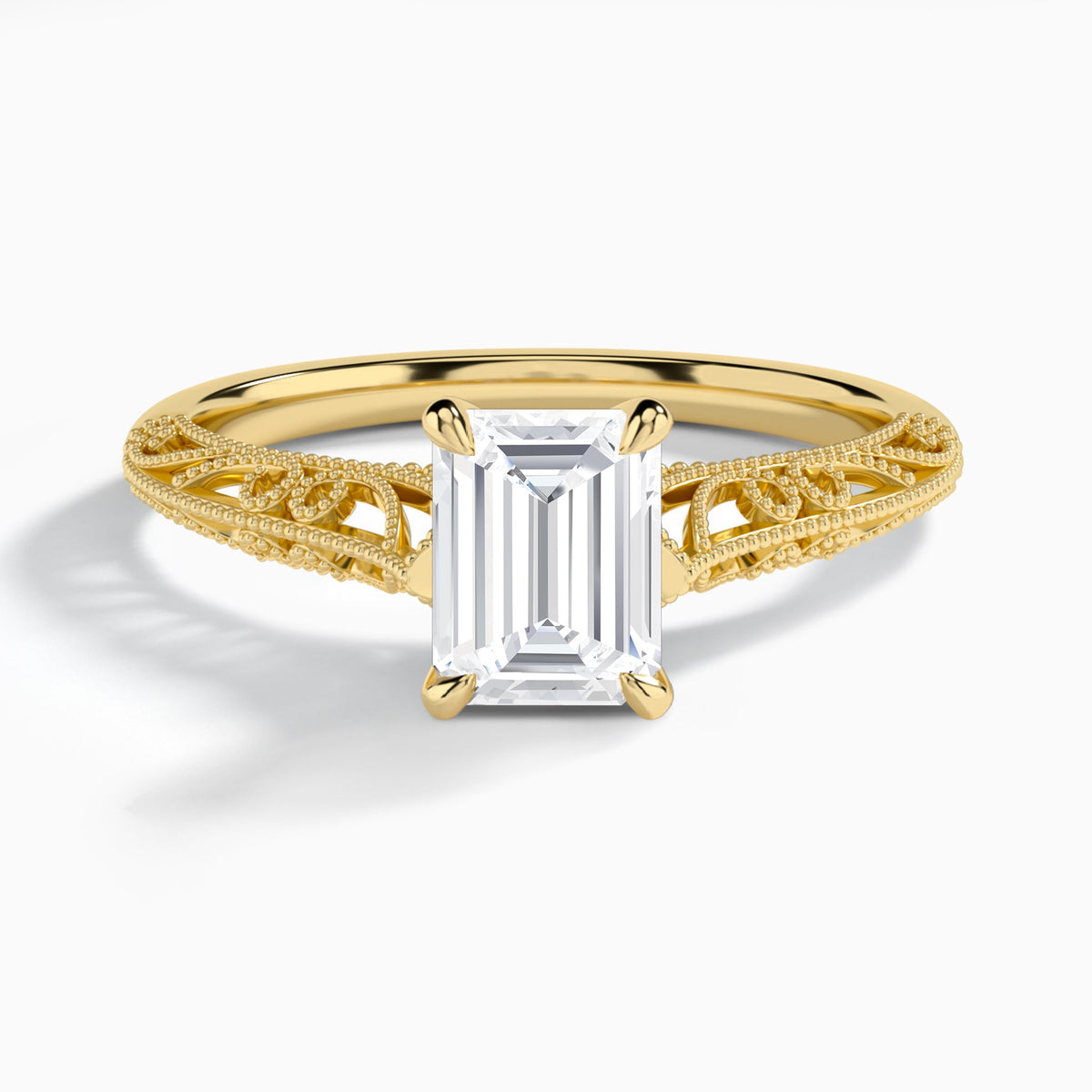 Emerald Vintage Filigree Lab Grown Diamond Engagement Ring In 18K Yellow Gold - Lucenjuri