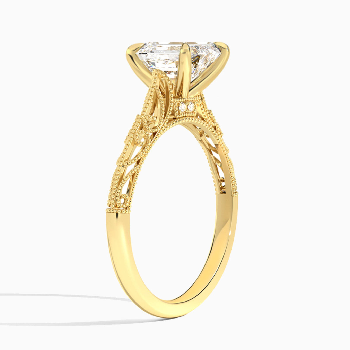 Emerald Vintage Filigree Lab Grown Diamond Engagement Ring In 18K Yellow Gold, Angle View