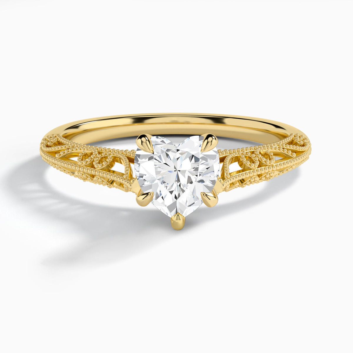 Heart Vintage Filigree Lab Grown Diamond Engagement Ring In 18K Yellow Gold - Lucenjuri
