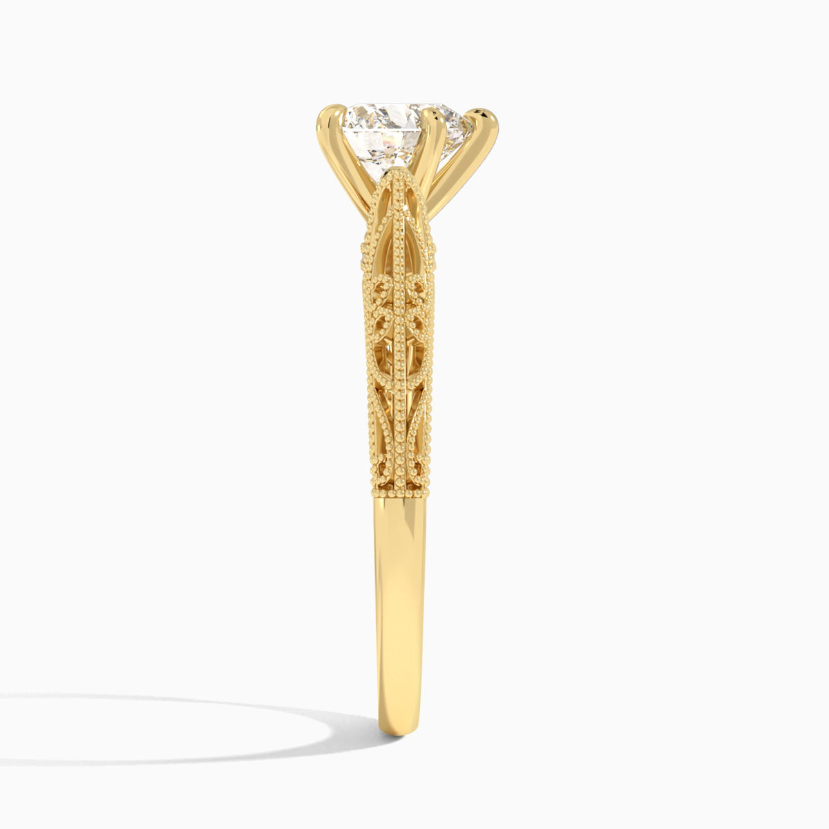Heart Vintage Filigree Lab Grown Diamond Engagement Ring In 18K Yellow Gold, Side View