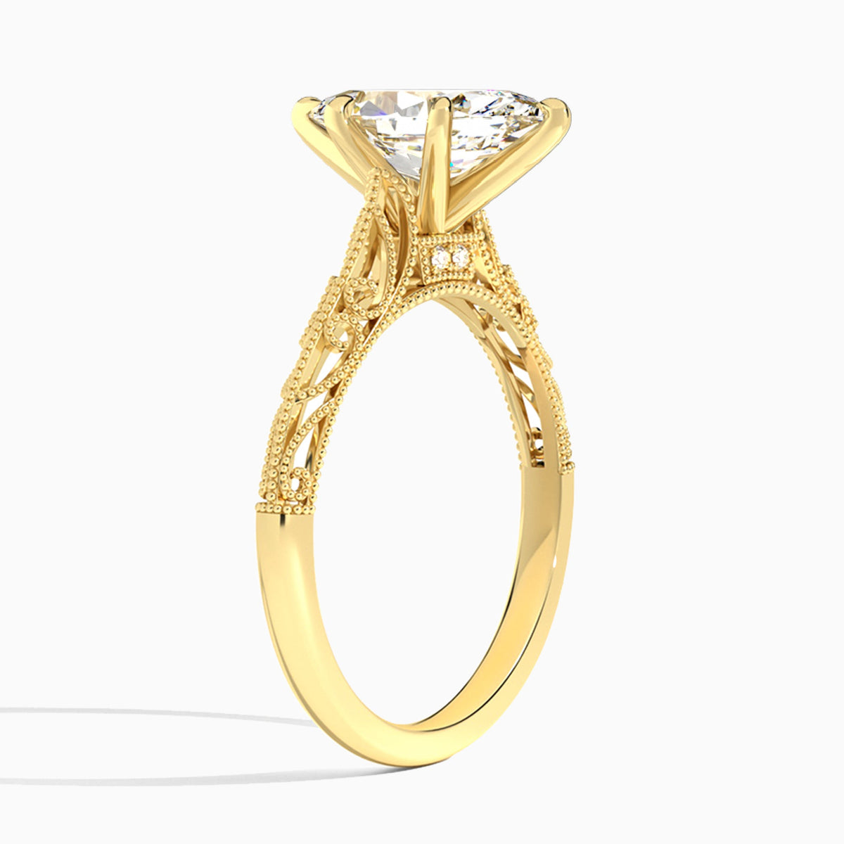 Marquise Vintage Filigree Lab Grown Diamond Engagement Ring In 18K Yellow Gold, Angle View