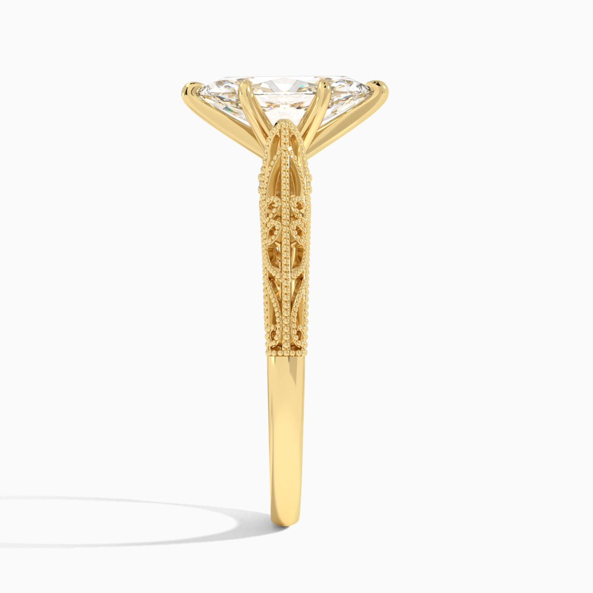 Marquise Vintage Filigree Lab Grown Diamond Engagement Ring In 14K Yellow Gold, Side View