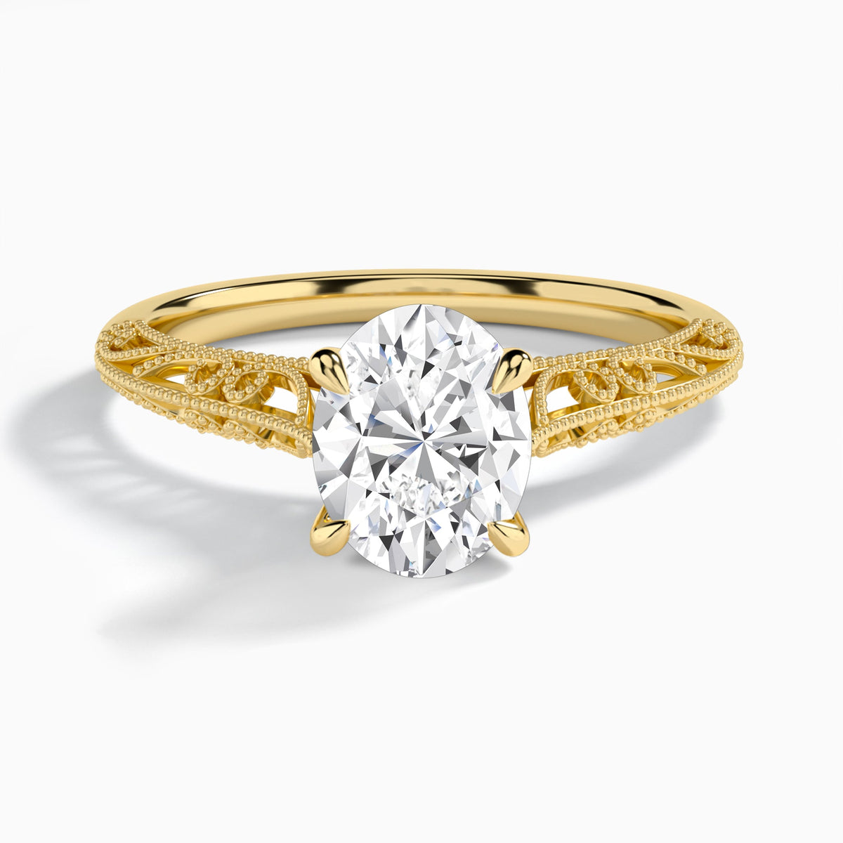 Oval Vintage Filigree Lab Grown Diamond Engagement Ring In 14K Yellow Gold - Lucenjuri