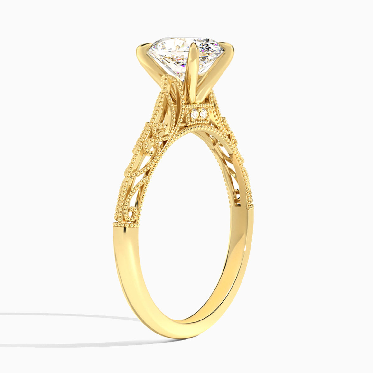 Oval Vintage Filigree Lab Grown Diamond Engagement Ring In 18K Yellow Gold, Angle View