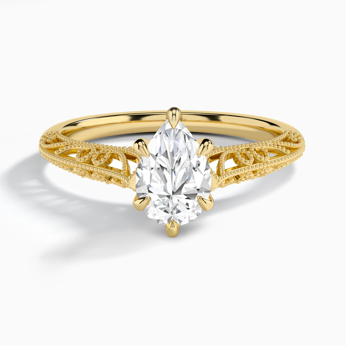 Pear Vintage Filigree Lab Grown Diamond Engagement Ring In 14K Yellow Gold - Lucenjuri