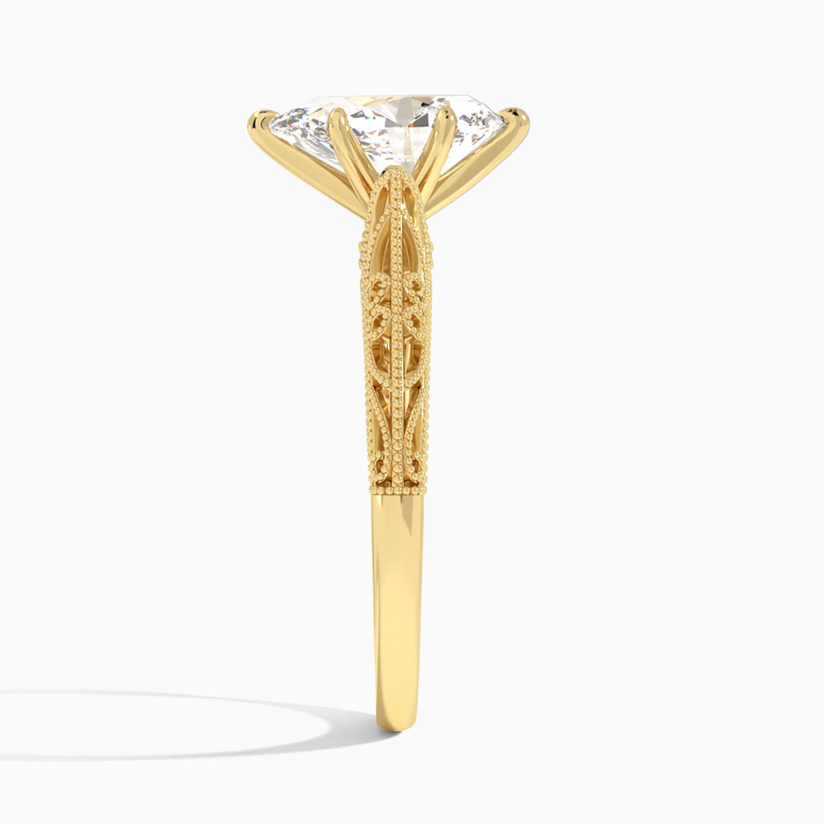 Pear Vintage Filigree Lab Grown Diamond Engagement Ring In 14K Yellow Gold, Side View