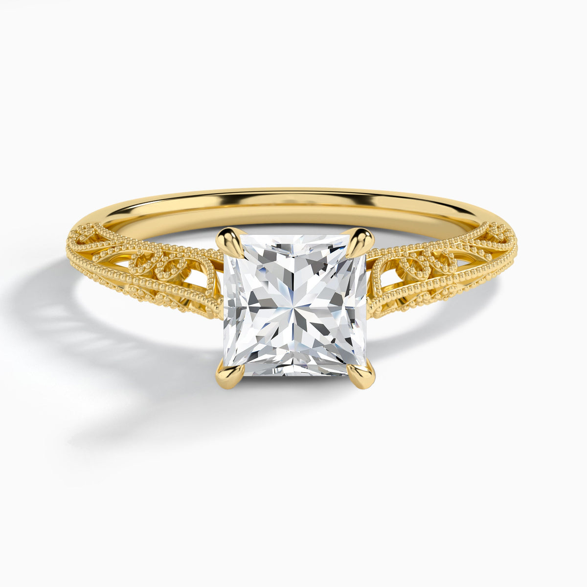 Princess Vintage Filigree Lab Grown Diamond Engagement Ring In 14K Yellow Gold - Lucenjuri