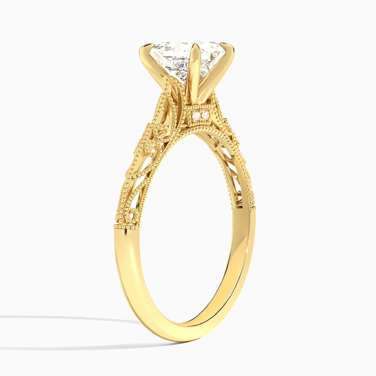 Princess Vintage Filigree Lab Grown Diamond Engagement Ring In 14K Yellow Gold, Angle View