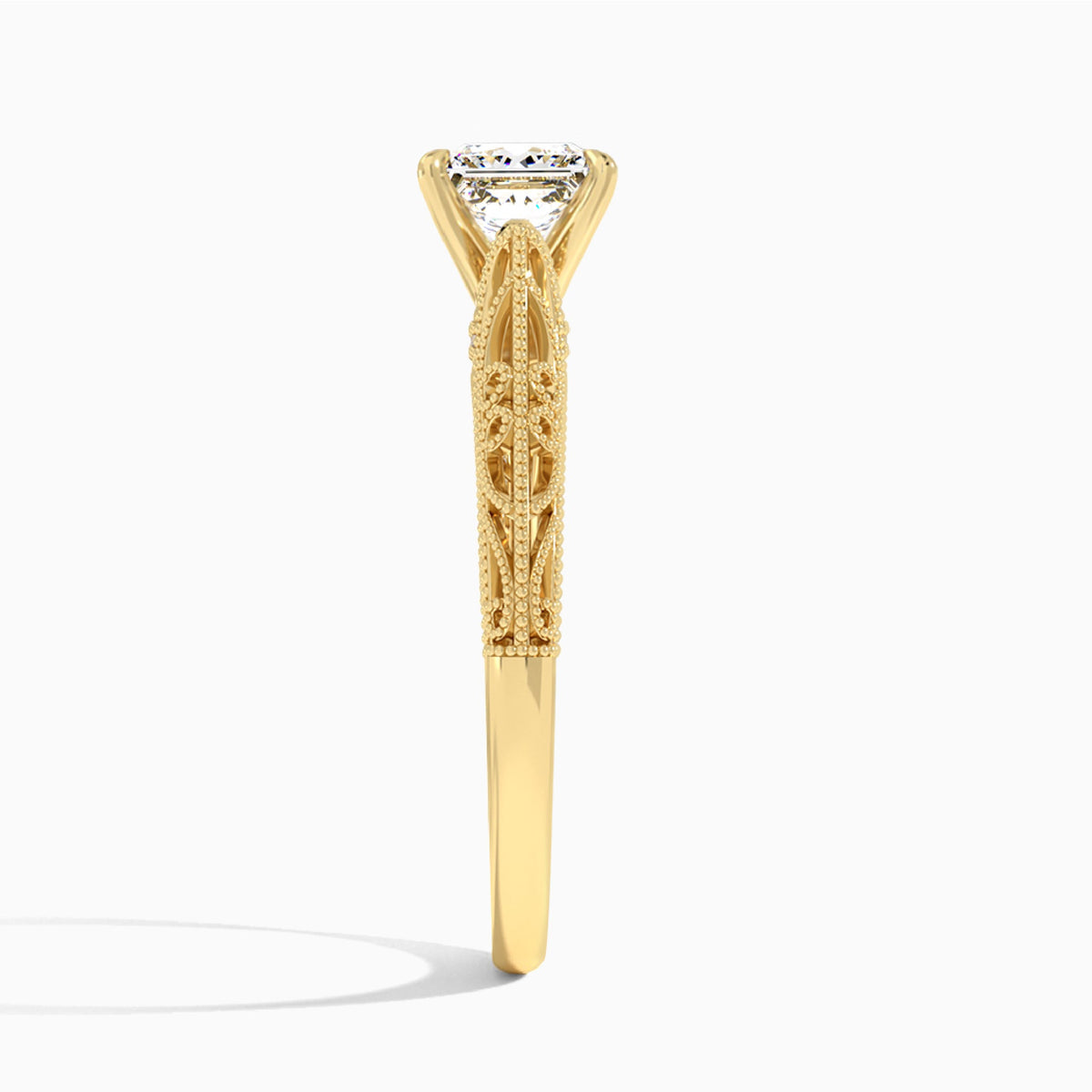 Princess Vintage Filigree Lab Grown Diamond Engagement Ring In 18K Yellow Gold, Side View