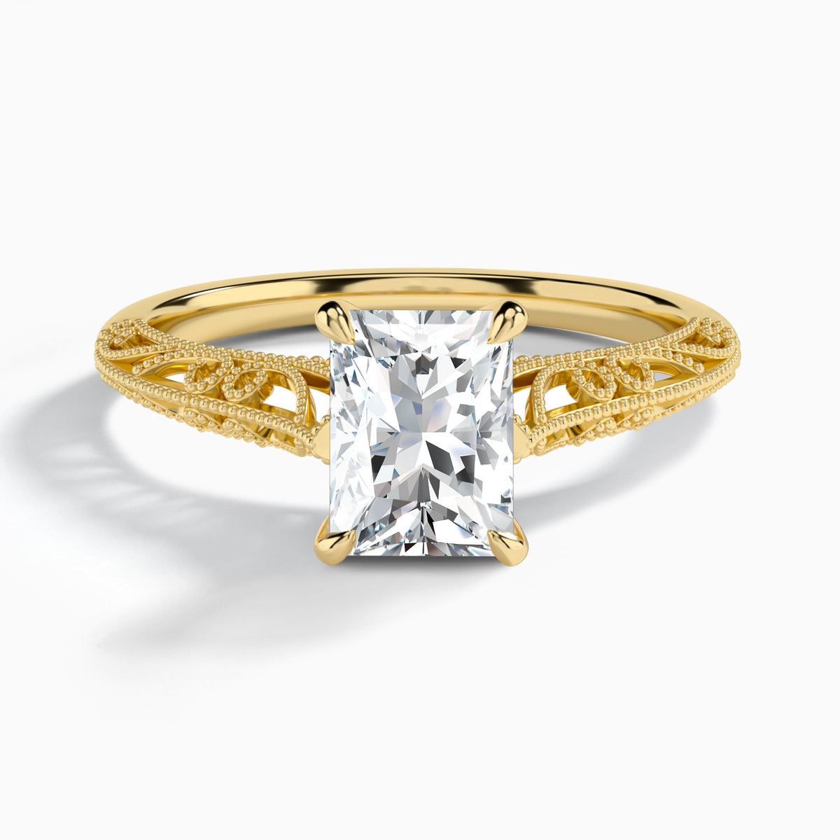 Radiant Vintage Filigree Lab Grown Diamond Engagement Ring In 14K Yellow Gold - Lucenjuri