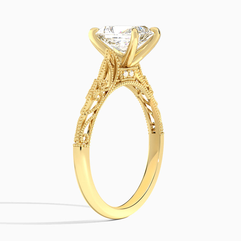 Radiant Vintage Filigree Lab Grown Diamond Engagement Ring In 18K Yellow Gold, Angle View