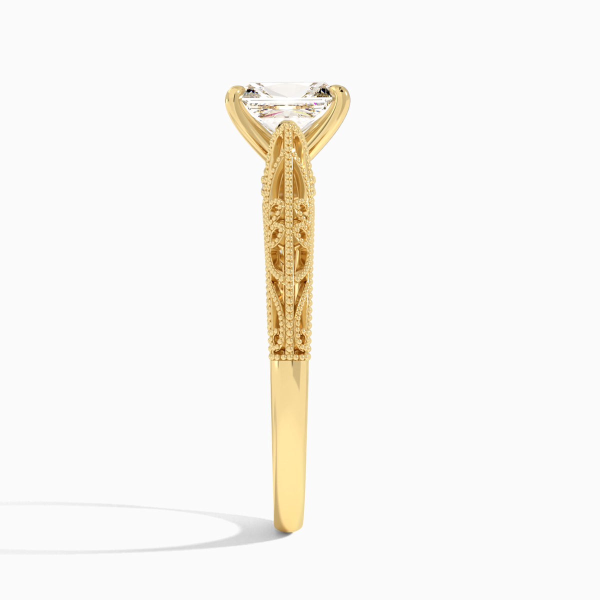 Radiant Vintage Filigree Lab Grown Diamond Engagement Ring In 18K Yellow Gold, Side View