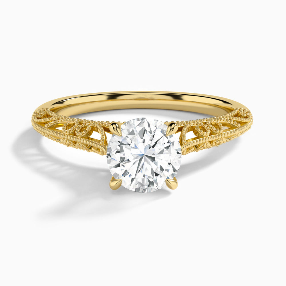 Round Vintage Filigree Lab Grown Diamond Engagement Ring In 14K Yellow Gold - Lucenjuri