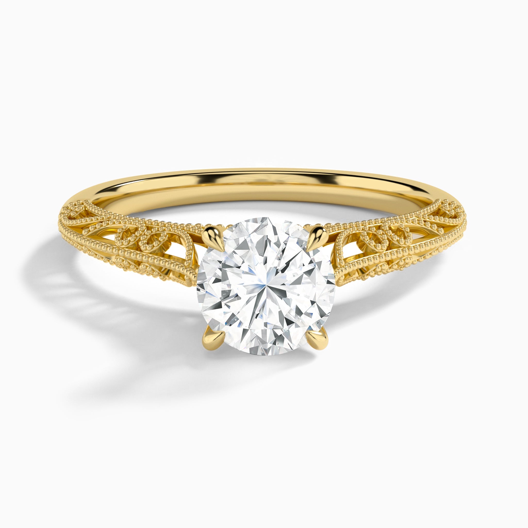 Round Vintage Filigree Lab Grown Diamond Engagement Ring In 14K Yellow Gold - Lucenjuri