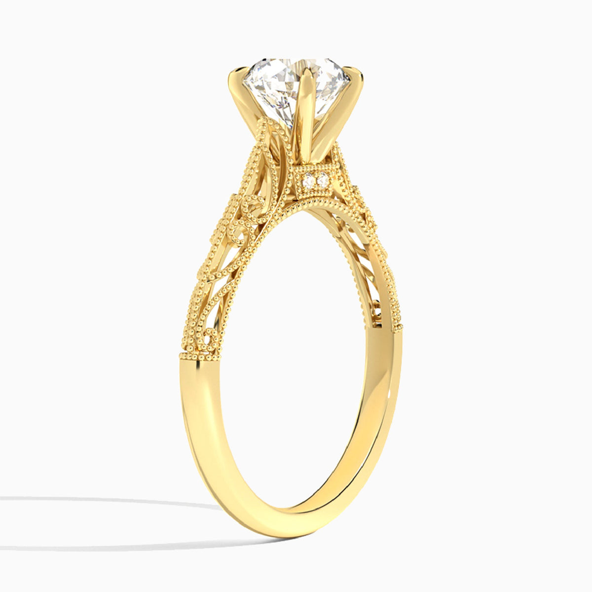 Round Vintage Filigree Lab Grown Diamond Engagement Ring In 14K Yellow Gold, Angle View