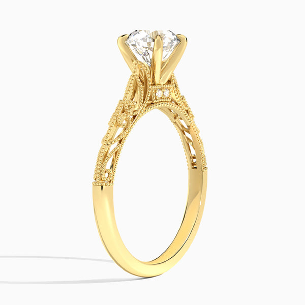 Round Vintage Filigree Lab Grown Diamond Engagement Ring In 14K Yellow Gold, Angle View