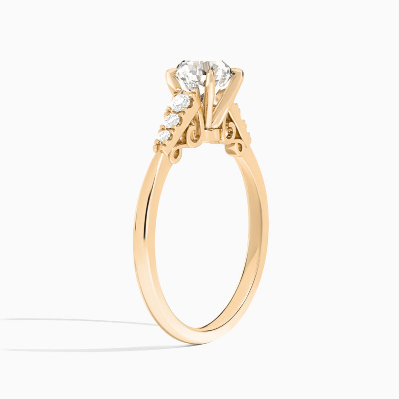 Round Ava Cathedral Engagement Ring In 14K Rose Gold, Angle View