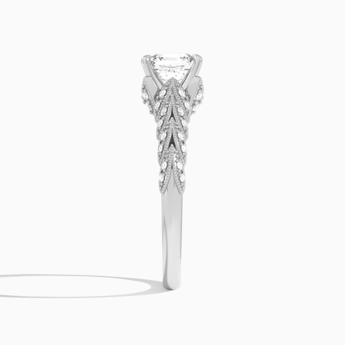 Asscher Laurel Diamond Engageemnt Ring In Platinum, Side View