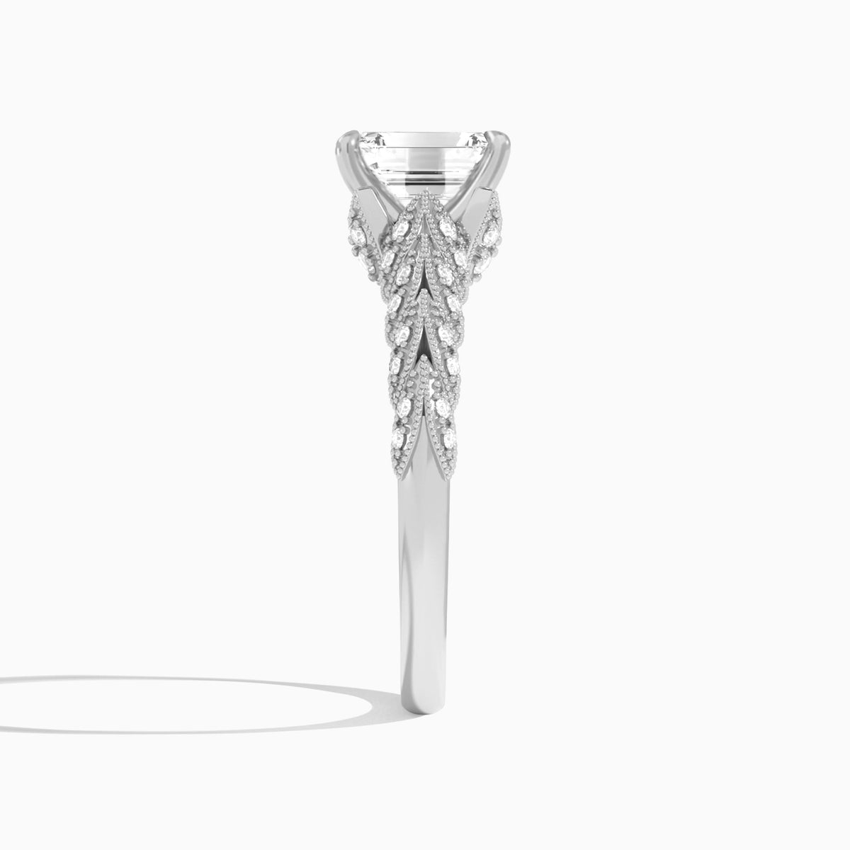 Emerald Laurel Diamond Engageemnt Ring In Platinum, Side View