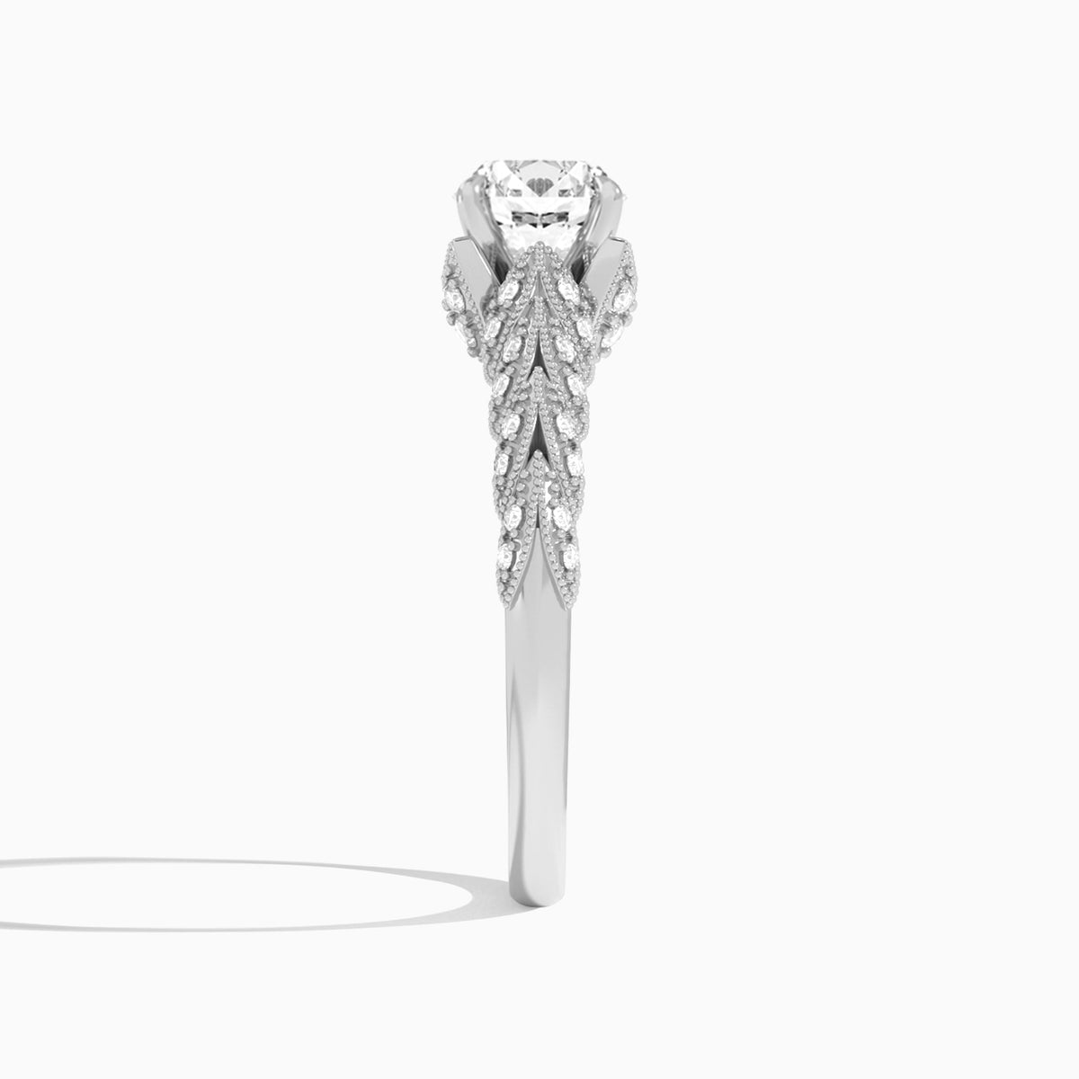 Round Laurel Diamond Engageemnt Ring In Platinum, Side View