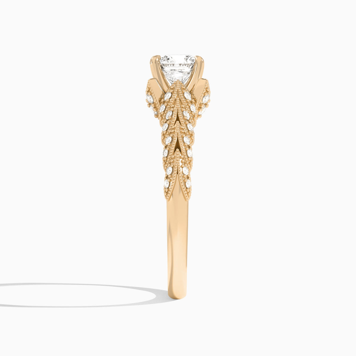 Cushion Laurel Diamond Engageemnt Ring In 14K Rose Gold, Side View