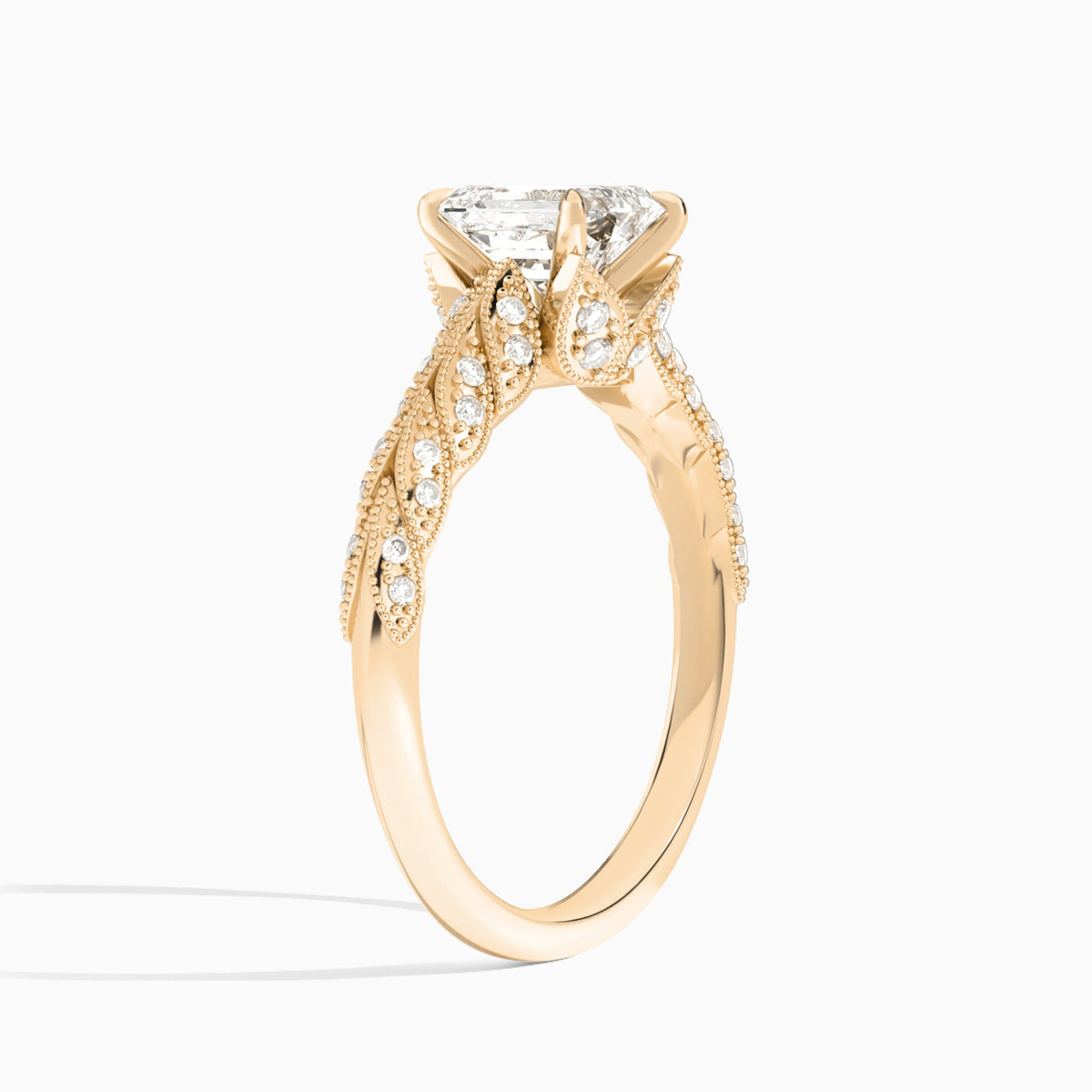 Emerald Laurel Diamond Engageemnt Ring In 14K Rose Gold, Angle View
