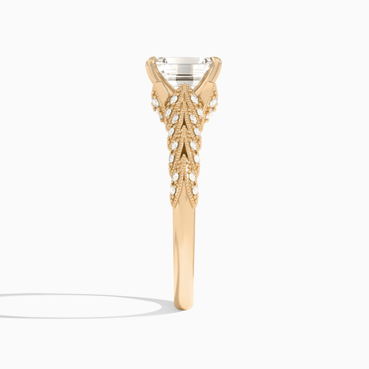 Emerald Laurel Diamond Engageemnt Ring In 14K Rose Gold, Side View