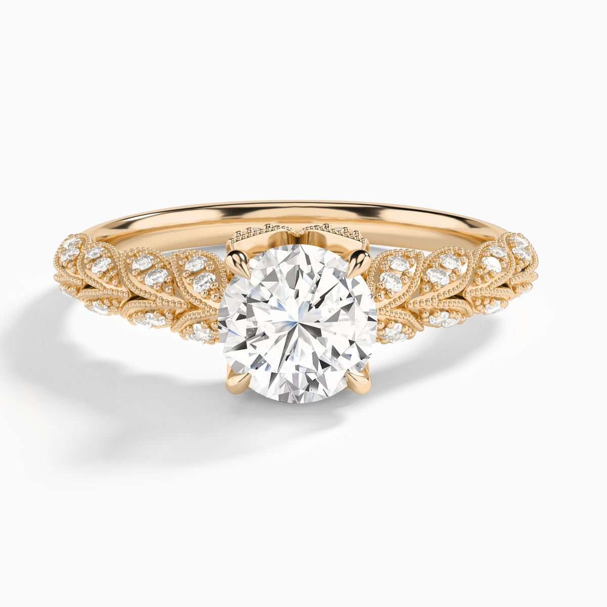 Round Laurel Diamond Engageemnt Ring In 14K Rose Gold - Lucenjuri