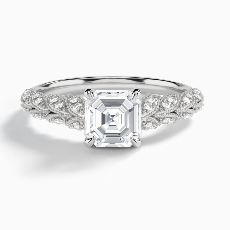 Asscher Laurel Diamond Engageemnt Ring In 14K White Gold - Lucenjuri