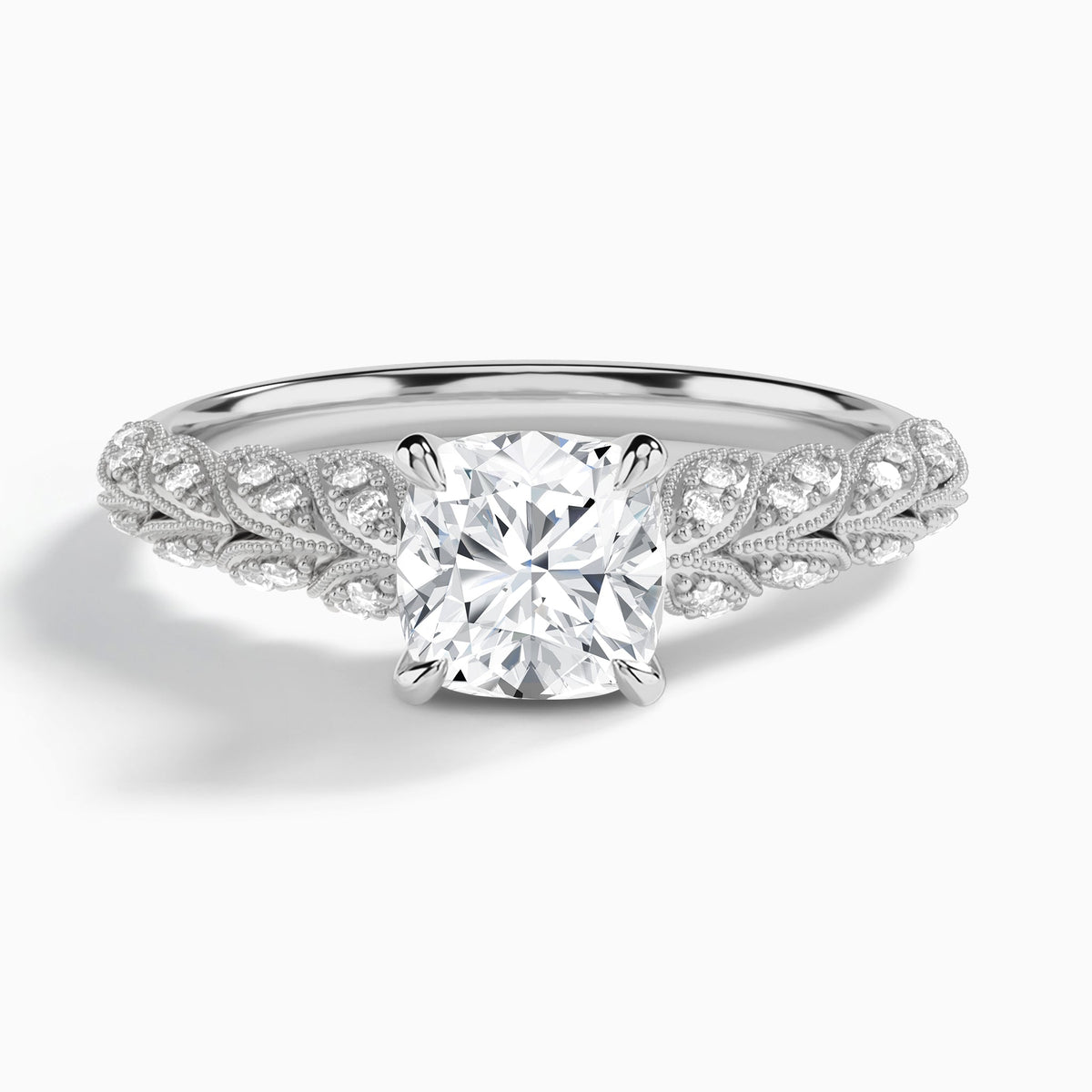 Cushion Laurel Diamond Engageemnt Ring In 14K White Gold - Lucenjuri