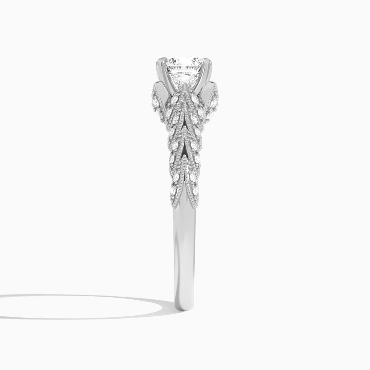 Cushion Laurel Diamond Engageemnt Ring In 14K White Gold, Side View