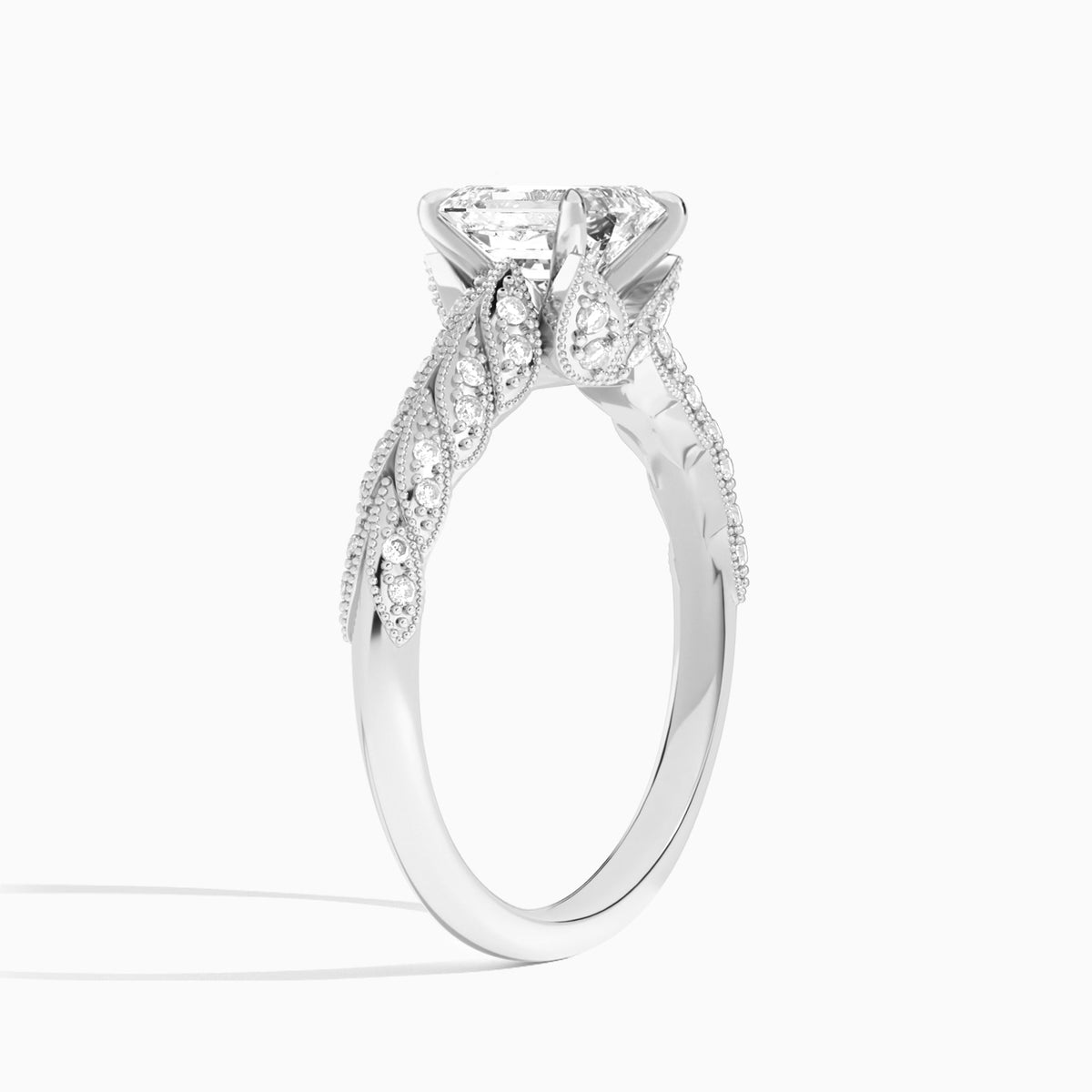 Emerald Laurel Diamond Engageemnt Ring In 18K White Gold, Angle View