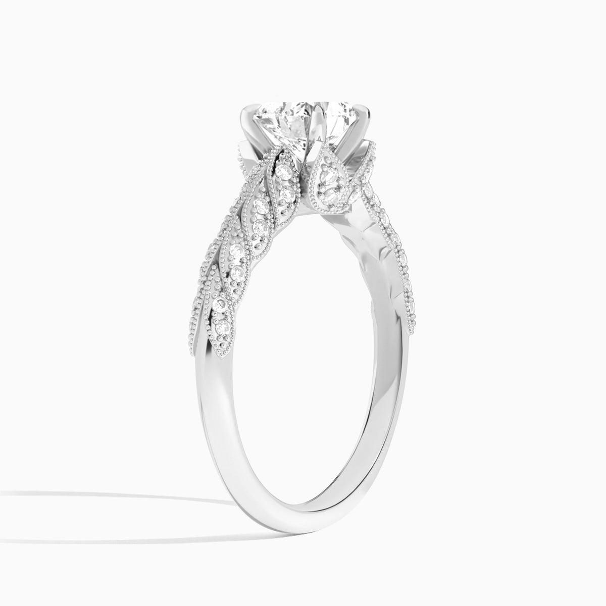 Heart Laurel Diamond Engageemnt Ring In 14K White Gold, Angle View