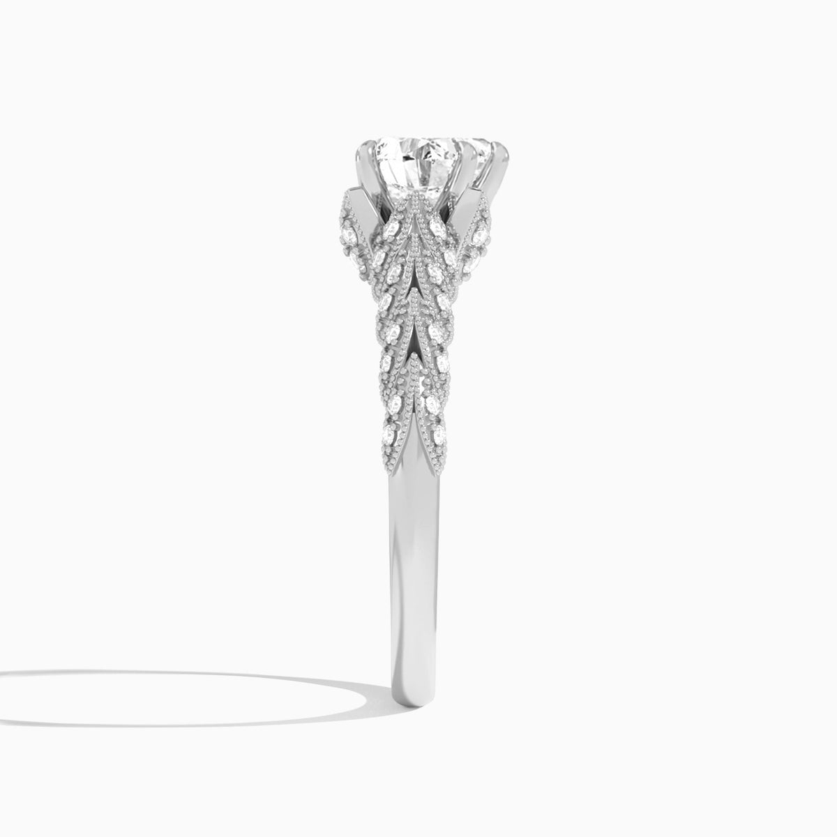 Heart Laurel Diamond Engageemnt Ring In 14K White Gold, Side View
