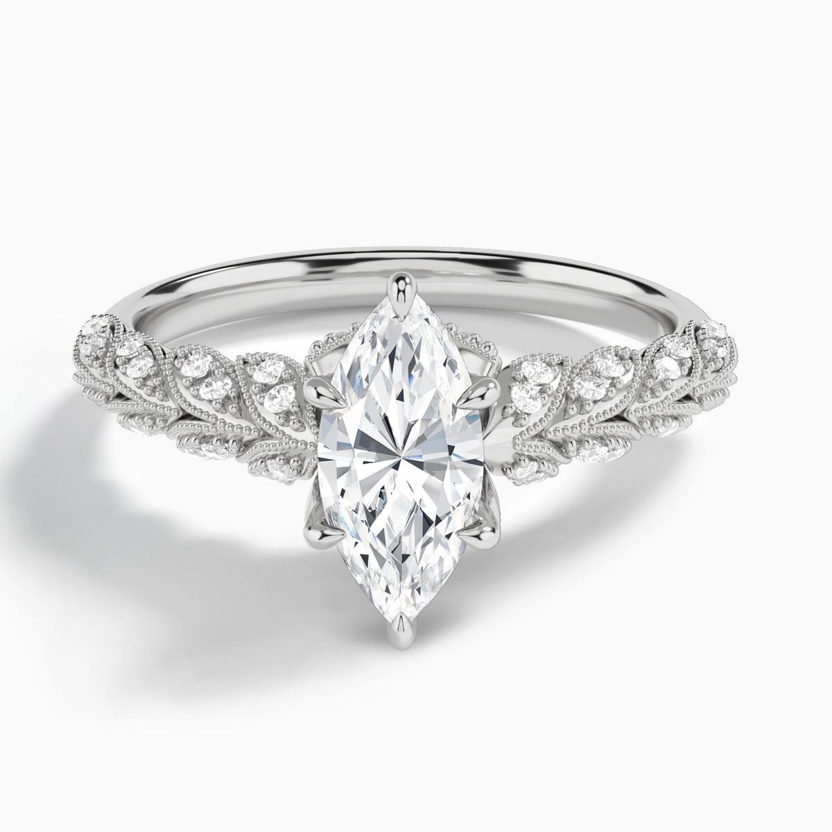 Marquise Laurel Diamond Engageemnt Ring In 14K White Gold - Lucenjuri
