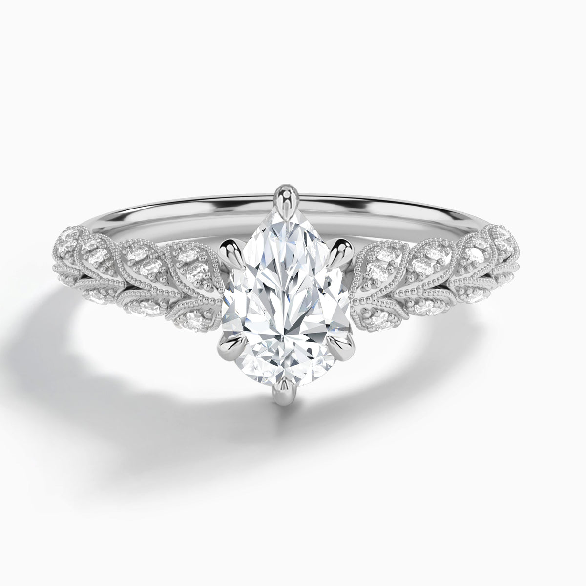 Pear Laurel Diamond Engageemnt Ring In 14K White Gold - Lucenjuri