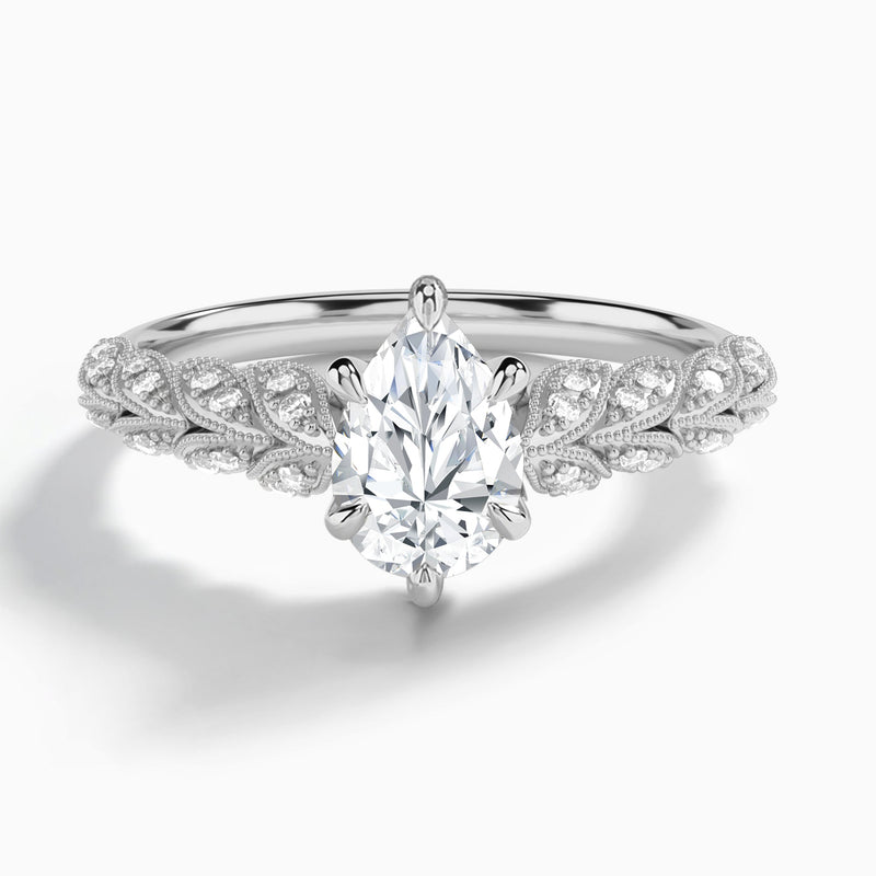 Pear Laurel Diamond Engageemnt Ring In 18K White Gold - Lucenjuri